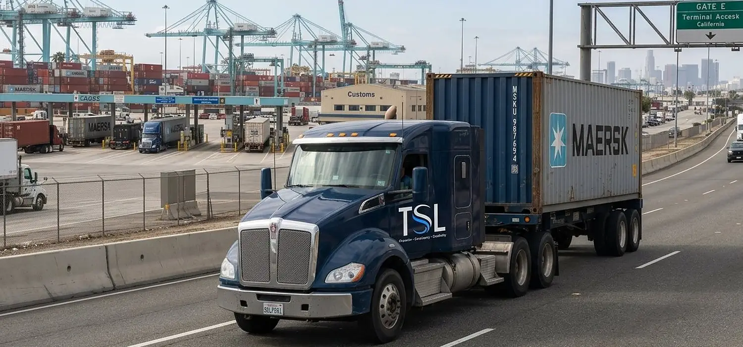 Triple Seas Logistics truck hauling a Maersk container on a highway near the port