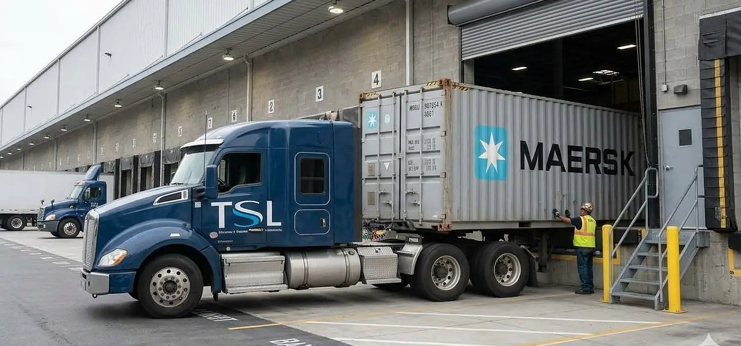 Triple Seas Logistics truck backing a Maersk container into a warehouse loading dock
