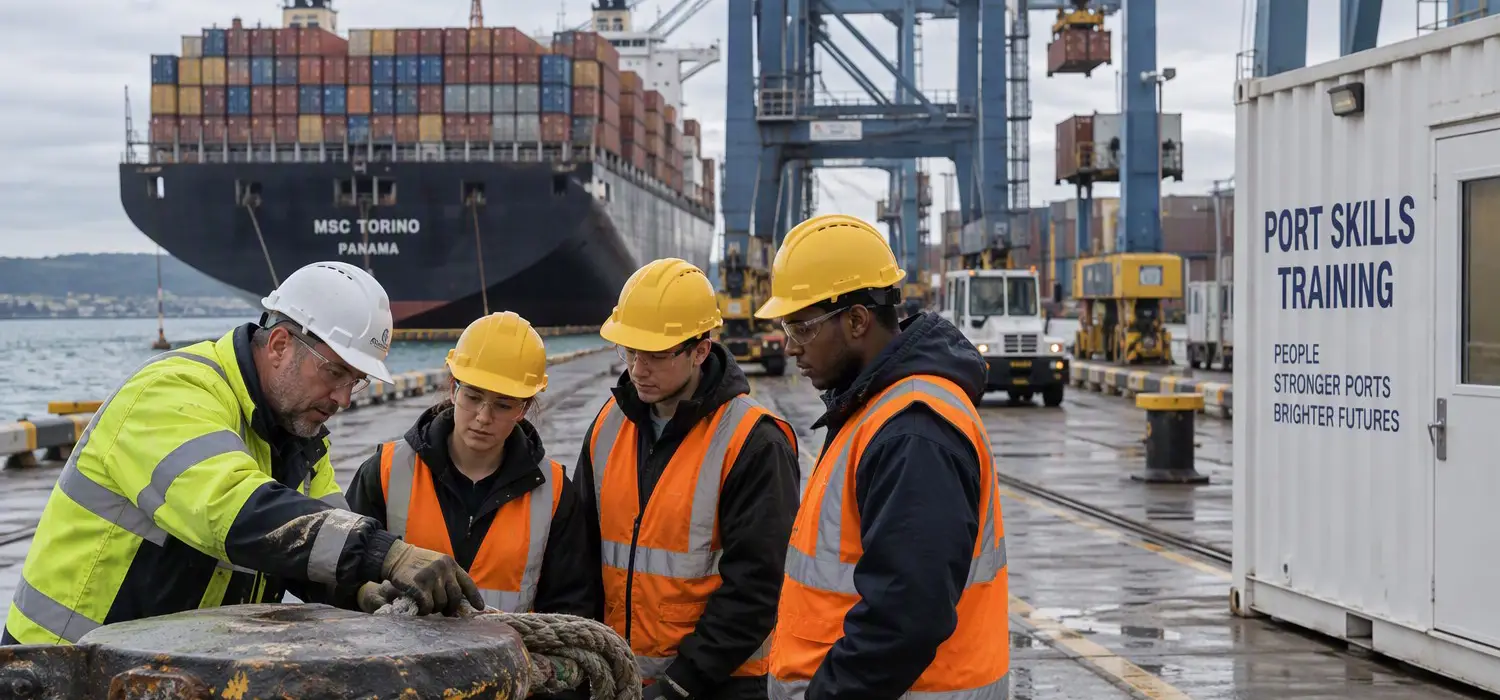 Port workers in hard hats at a skills training session beside a container ship