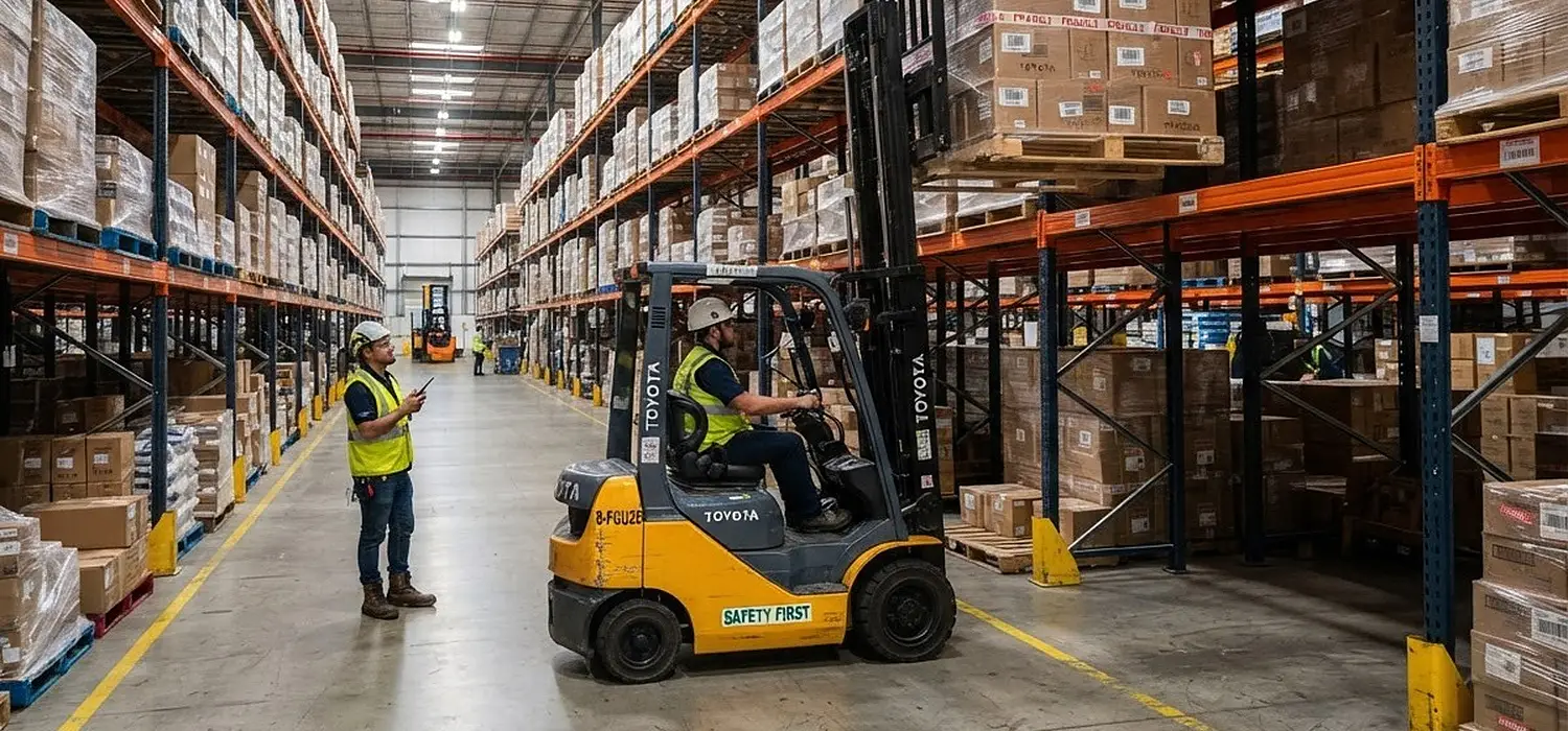 Forklift and worker moving pallets between warehouse racks
