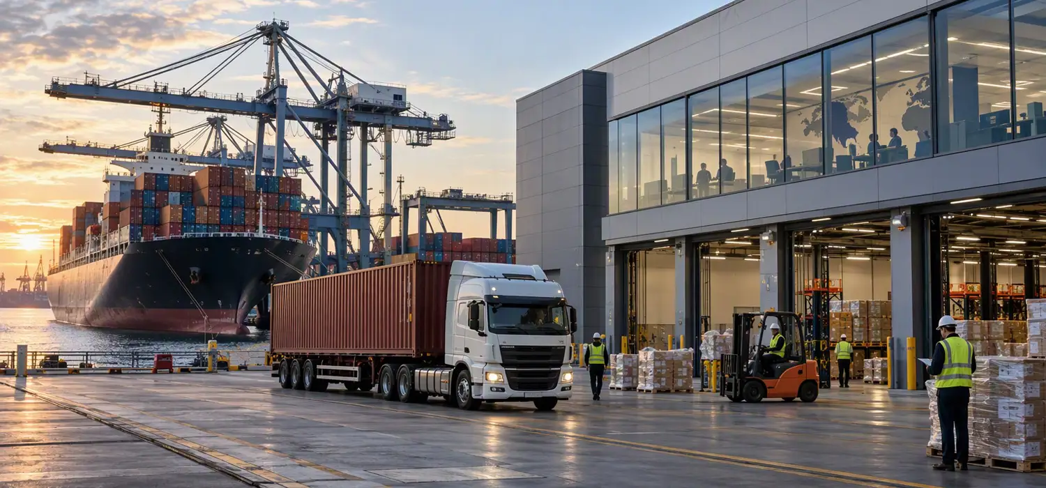 Truck and warehouse workers at a port terminal, container ship behind, at sunset